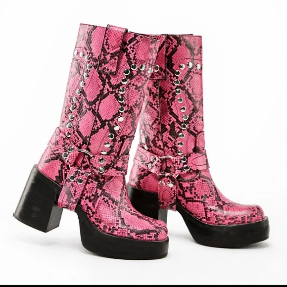 Pink Snakeskin Studded Platform Ankle Boots Chunky Heel. + size 8 - Picture 5 of 11